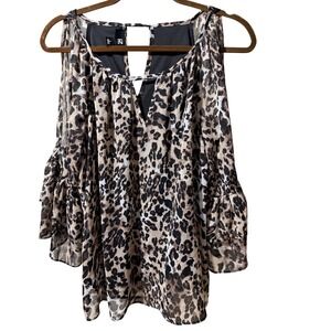 IZ BYER Leopard Print Cold Shoulder Ruffle Sleeve Top Metallic Gold Accents L